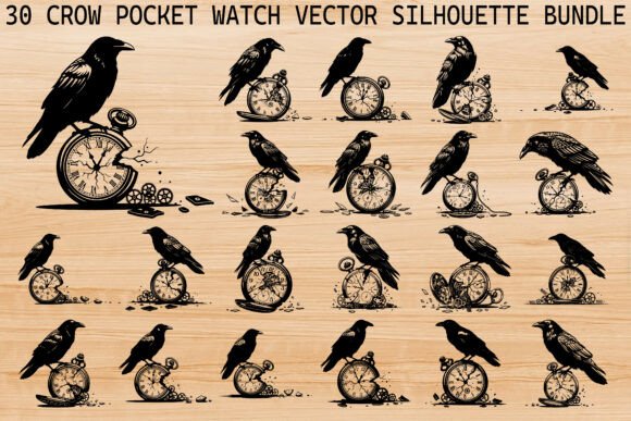 Download Crow Pocket Watch Silhouette Bundle - Silhouette Collection